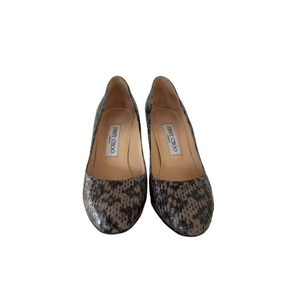 JIMMY CHOO Snake Print Round Toe Block Leather Heels Size 37.5/7.5 - Picture 3 of 7